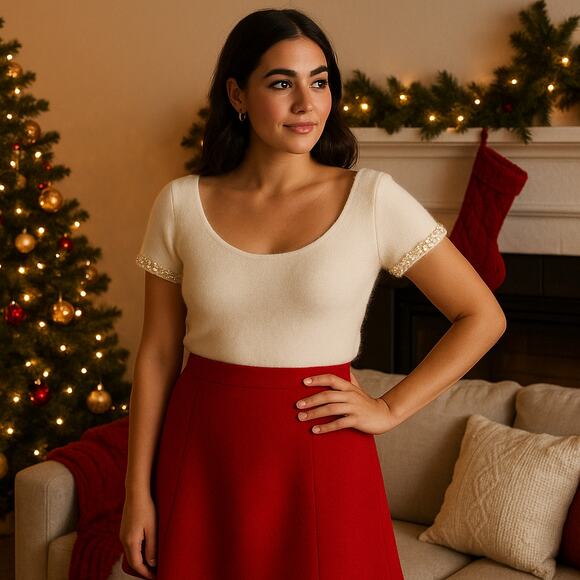 Worth SZ S VTG Angora Short Sleeve Cream Sweater With Pearl Shoulder Accents - Picture 8 of 8